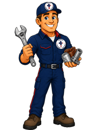 Transmissions Plus male mechanic mascot.
